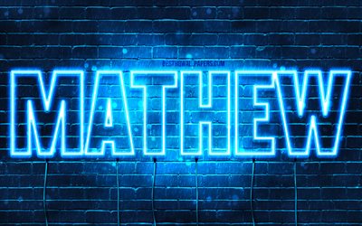Mathew, 4k, adları Mathew adı ile, yatay metin, Mathew adı, mavi neon ışıkları, resimli duvar kağıtları