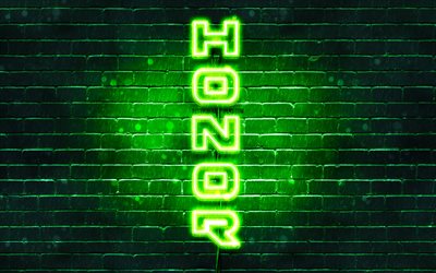 4K, el Honor verde logo, texto vertical, verde brickwall, el Honor de ne&#243;n logotipo, creativo, Honor logotipo, im&#225;genes, Honor