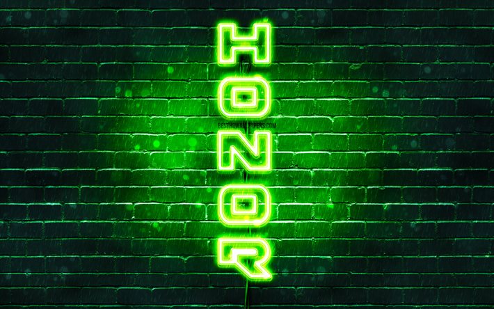 4K, Honor green logo, vertical text, green brickwall, Honor neon logo, creative, Honor logo, artwork, Honor