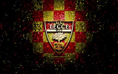 Lecce FC, glitter logo, Serie A, red white checkered background, soccer, US Lecce, italian football club, Lecce logo, mosaic art, football, Italy