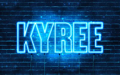Kyree, 4k, fondos de pantalla con los nombres, el texto horizontal, Kyree nombre, luces azules de ne&#243;n, imagen con Kyree nombre