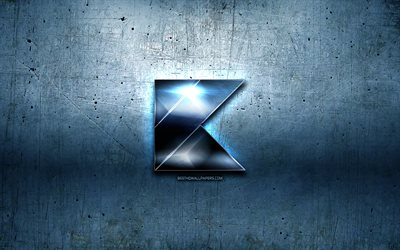 Kotlin metal logo, grunge, programming language signs, blue metal background, Kotlin, creative, programming language, Kotlin logo