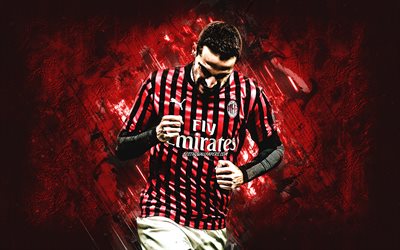 Giacomo Bonaventura, AC Milan, Italiensk fotboll spelare, porträtt, röda sten bakgrund, kreativ konst, fotboll, Serien, Italien