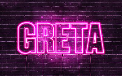 Greta, 4k, wallpapers with names, female names, Greta name, purple neon lights, horizontal text, picture with Greta name