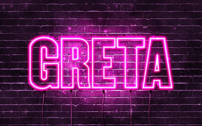 Greta, 4k, isim Greta adı ile, Bayan isimleri, Greta adı, mor neon ışıkları, yatay metin, resim ile duvar kağıtları