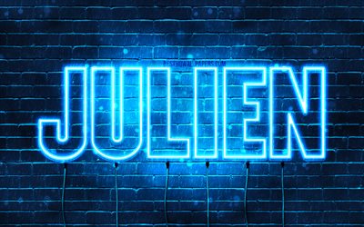 Julien, 4k, fondos de pantalla con los nombres, el texto horizontal, Julien nombre, luces azules de ne&#243;n, imagen con Julien nombre