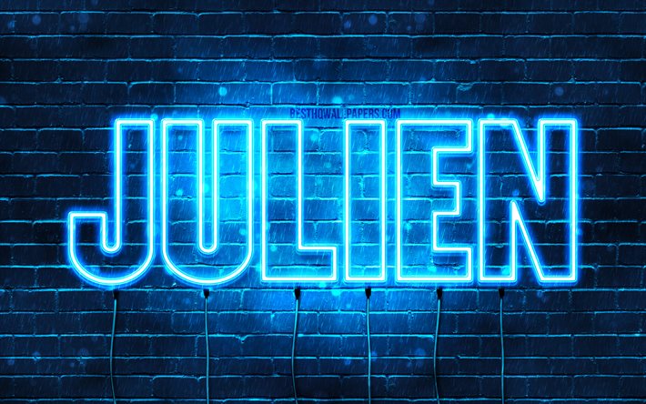 Julien, 4k, isim Julien adı ile, yatay metin, Julien adı, mavi neon ışıkları, resimli duvar kağıtları