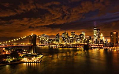 New York at night, Brooklyn Bridgeь Manhattan, american cities, nightscapes, NYC, New York from above, skyscrapers, New York, USA, Cities of New York, America