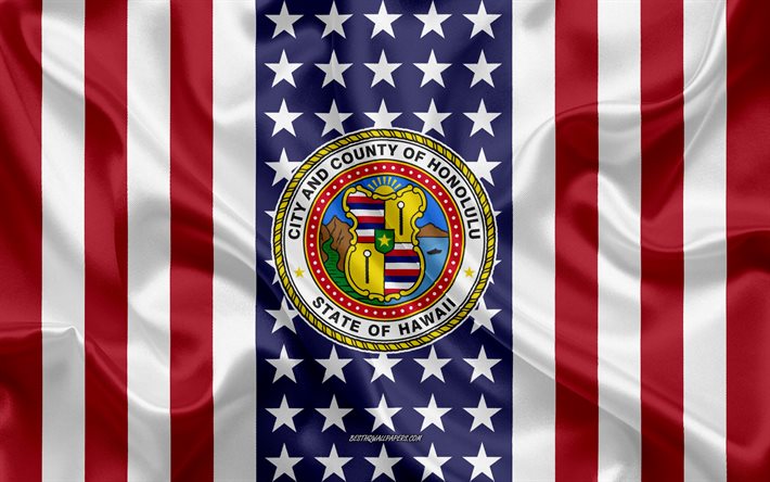 Joint de Honolulu, 4k, soie, texture, drapeau Am&#233;ricain, etats-unis, Honolulu, Hawaii, Am&#233;ricain Ville de Honolulu le sceau, le drapeau de soie
