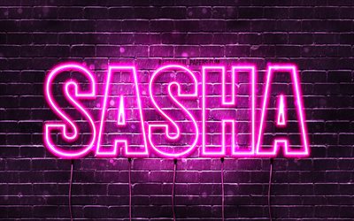 Sasha, 4k, taustakuvia nimet, naisten nimi&#228;, Sasha nimi, violetti neon valot, vaakasuuntainen teksti, kuvan Sasha nimi