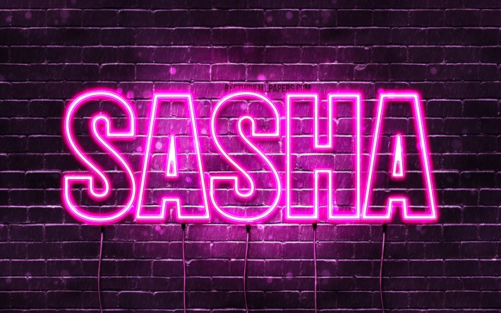 Sasha, 4k, wallpapers with names, female names, Sasha name, purple neon lights, horizontal text, picture with Sasha name