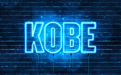 Kobe, 4k, taustakuvia nimet, vaakasuuntainen teksti, Kobe nimi, blue neon valot, kuva Kobe nimi
