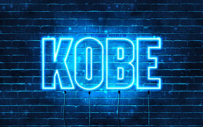 Kobe, 4k, sfondi per il desktop con i nomi, il testo orizzontale, Kobe nome, neon blu, l&#39;immagine con il nome di Kobe