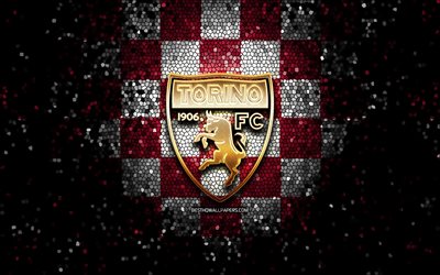 Torino FC, glitter-logo, Sarja, violetti valkoinen ruudullinen tausta, jalkapallo, FC Torino, italian football club, Torino logo, mosaiikki taidetta, Italia, Toro
