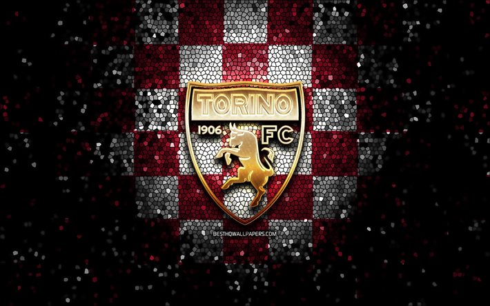 O Torino FC, glitter logotipo, S&#233;rie, roxo branco fundo quadriculado, futebol, Torino FC, italiano de futebol do clube, Torino logotipo, arte em mosaico, It&#225;lia, Toro