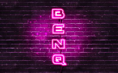 4K, BenQ violette logo, texte vertical, violet brickwall, BenQ n&#233;on logo, cr&#233;atif, BenQ, logo, illustration