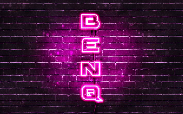 4k, benq lila logo, vertikaler text, lila brickwall, benq neon-logo, kreativ, benq-logo, artwork, benq