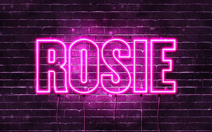 Rosie, 4k, wallpapers with names, female names, Rosie name, purple neon lights, horizontal text, picture with Rosie name