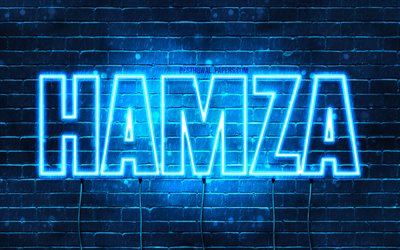 Hamza, 4k, taustakuvia nimet, vaakasuuntainen teksti, Hamza nimi, blue neon valot, kuva Hamza nimi