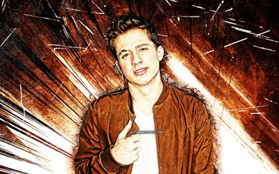 4k, Charlie Puth, grunge art, american singer, brown abstract rays, music stars, Charles Otto Puth Jr, american celebrity, fan art, Charlie Puth 4K