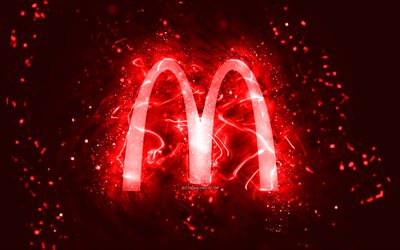 شعار ماكدونالدز الأحمر, 4k, أضواء النيون الحمراء, خلاق, الأحمر، جرد، الخلفية, شعار ماكدونالدز, العلامات التجارية, ماكدونالدز