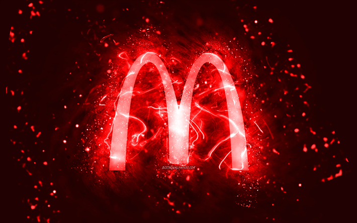 マクドナルドの赤いロゴ, 4k, 赤いネオンライト, クリエイティブ, 赤い抽象的な背景, マクドナルドのロゴ, ブランド, マクドナルド