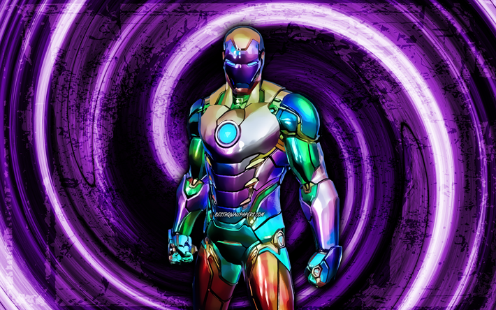 4k, ホロフォイルアイアンマン, 紫のグランジの背景, フォートナイト, 渦, フォートナイトのキャラクター, ホロフォイルアイアンマンスキン, フォートナイトバトルロワイヤル, ホロフォイルアイアンマンフォートナイト