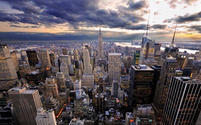 manhattan, empire state building, panorama de new york, soir&#233;e, coucher de soleil, paysage urbain de new york, gratte-ciel, new york, &#233;tats-unis