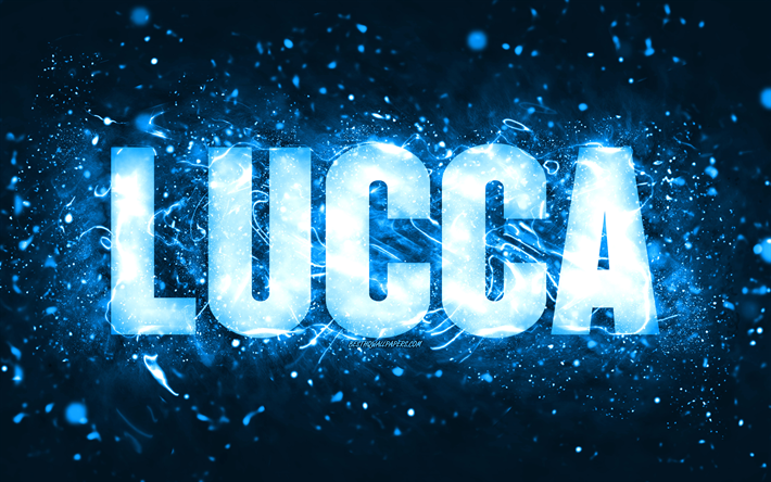 Happy Birthday Lucca, 4k, blue neon lights, Lucca name, creative, Lucca Happy Birthday, Lucca Birthday, popular american male names, picture with Lucca name, Lucca