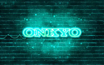 Onkyo turquoise logo, 4k, turquoise brickwall, Onkyo logo, brands, Onkyo neon logo, Onkyo