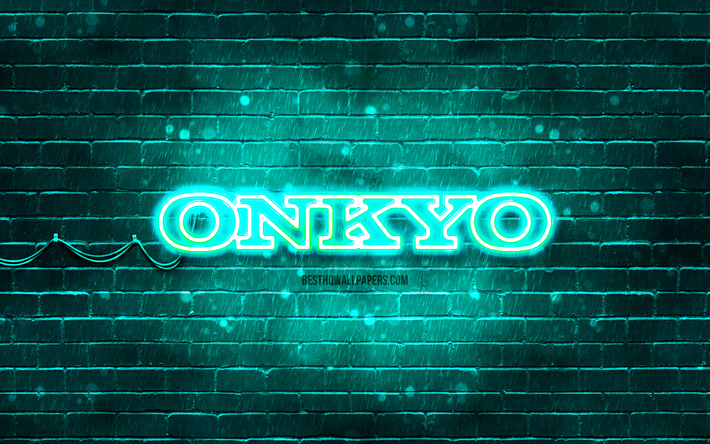 onkyo t&#252;rkis-logo, 4k, t&#252;rkis brickwall, onkyo-logo, marken, onkyo-neon-logo, onkyo