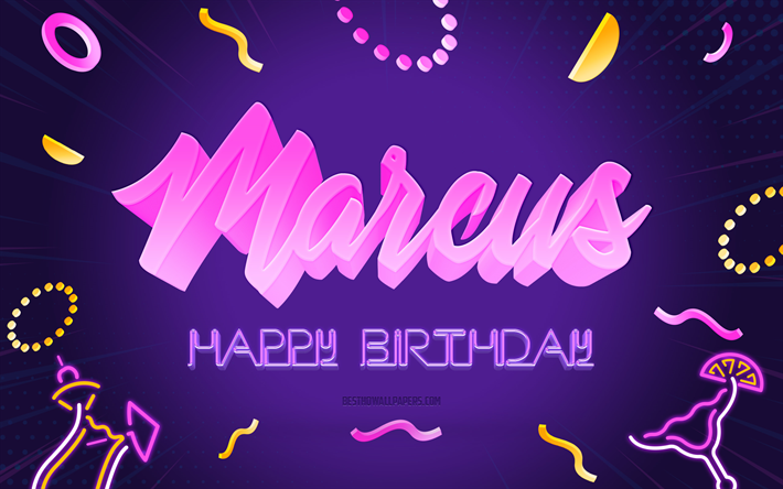 お誕生日おめでとうマーカス, 4k, 紫のパーティーの背景, マーカス, クリエイティブアート, マーカスの誕生日おめでとう, マーカス名, マーカスの誕生日, 誕生日パーティーの背景