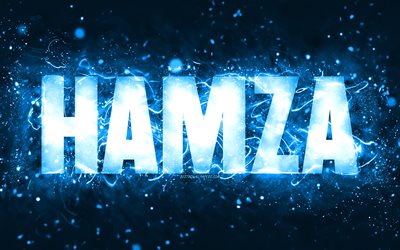 feliz cumplea&#241;os hamza, 4k, luces de ne&#243;n azules, nombre hamza, creativo, cumplea&#241;os hamza, nombres masculinos estadounidenses populares, imagen con nombre hamza, hamza