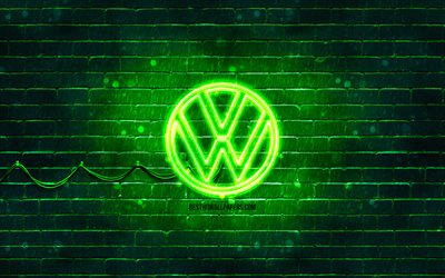 Volkswagen green logo, green brickwall, 4k, Volkswagen new logo, cars brands, VW logo, Volkswagen neon logo, Volkswagen 2021 logo, Volkswagen logo, Volkswagen