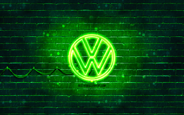 フォルクスワーゲングリーンのロゴ, 緑のレンガの壁, 4k, フォルクスワーゲンの新しいロゴ, 車のブランド, vwロゴ, フォルクスワーゲンネオンロゴ, フォルクスワーゲン2021ロゴ, フォルクスワーゲンのロゴ, フォルクスワーゲン