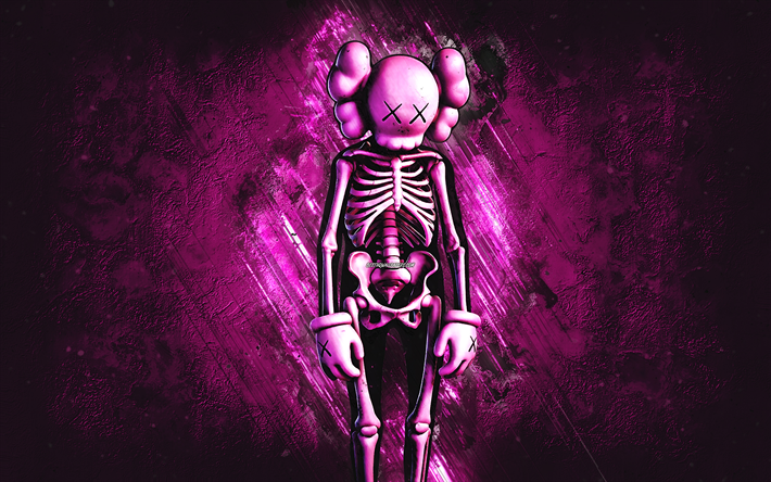 fortnite pink kaws skeleton skin, fortnite, personagens principais, pedra rosa de fundo, pink kaws skeleton, fortnite skins, pink kaws skeleton skin, pink kaws skeleton fortnite, fortnite personagens