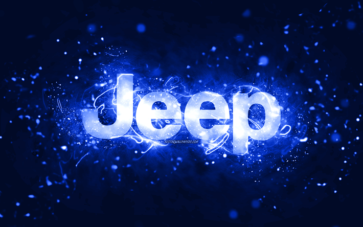 jeep koyu mavi logo, 4k, koyu mavi neon ışıklar, yaratıcı, koyu mavi soyut arka plan, jeep logosu, araba markaları, jeep