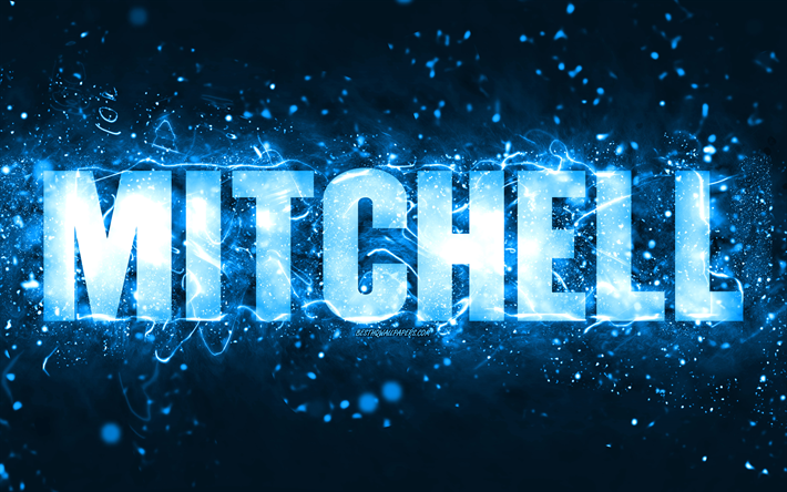 お誕生日おめでとうミッチェル, 4k, 青いネオンライト, ミッチェルの名前, クリエイティブ, ミッチェルお誕生日おめでとう, ミッチェルの誕生日, 人気のあるアメリカ人男性の名前, ミッチェルの名前の写真, ミッチェル