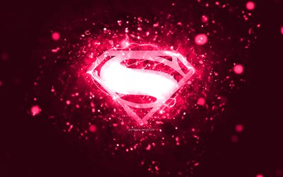 logotipo rosa de superman, 4k, luces de ne&#243;n rosas, creativo, fondo abstracto rosa, logotipo de superman, superh&#233;roes, superman