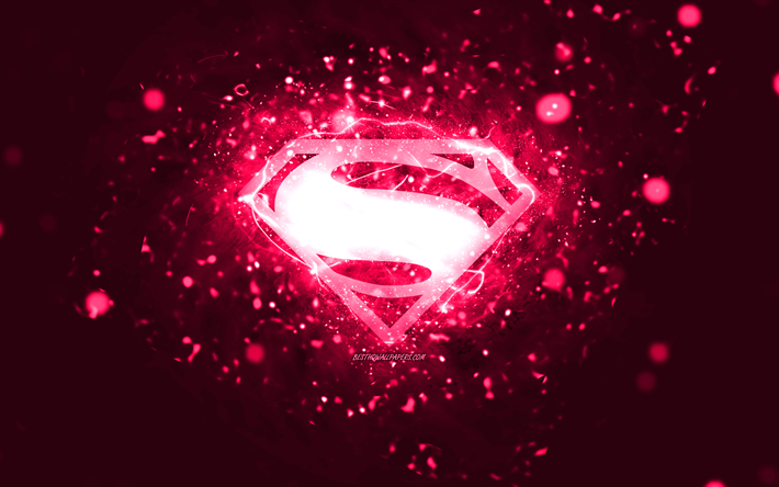 Superman pink logo, 4k, pink neon lights, creative, pink abstract background, Superman logo, superheroes, Superman