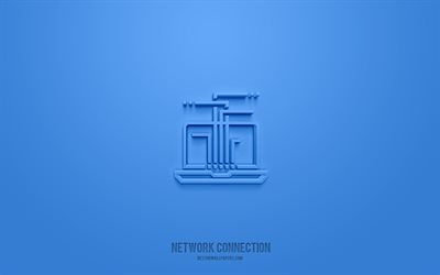 رمز اتصال الشبكة 3d, الخلفية الزرقاء, رموز ثلاثية الأبعاد, إتصال شبكة, أيقونات التكنولوجيا, أيقونات ثلاثية الأبعاد, علامة اتصال الشبكة, تكنولوجيا الرموز 3d
