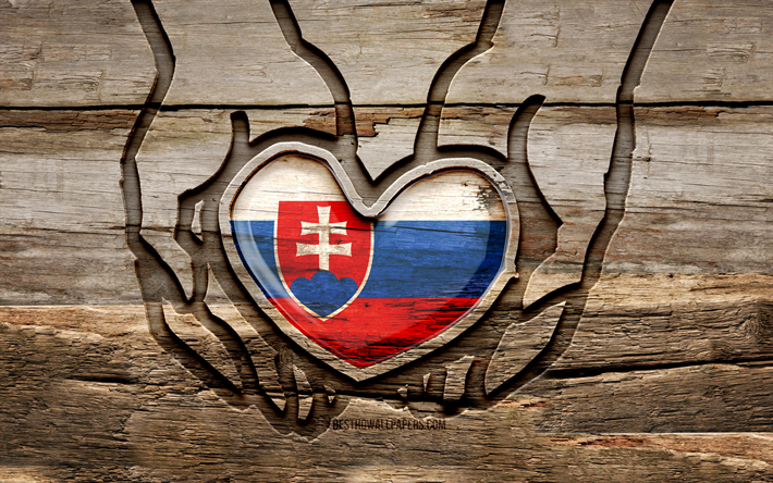 スロバキアが大好き, 4k, 木彫りの手, スロバキアの日, スロバキアの旗, クリエイティブ, スロバキアの旗を手に, スロバキアに注意してください, 木彫り, ヨーロッパ, スロバキア