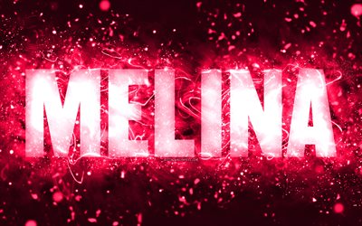 Happy Birthday Melina, 4k, pink neon lights, Melina name, creative, Melina Happy Birthday, Melina Birthday, popular american female names, picture with Melina name, Melina
