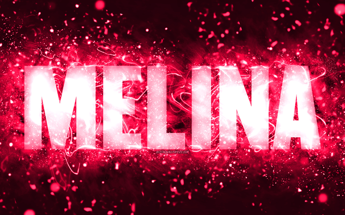 عيد ميلاد سعيد ميلينا, 4k, أضواء النيون الوردي, اسم ميلينا, خلاق, عيد ميلاد ميلينا, أسماء الإناث الأمريكية الشعبية, صورة باسم ميلينا, ميلينا