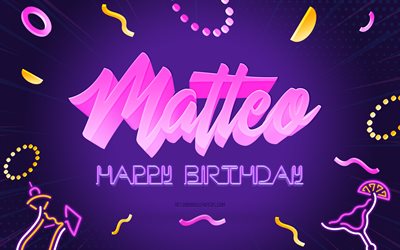 Happy Birthday Matteo, 4k, Purple Party Background, Matteo, creative art, Happy Matteo birthday, Matteo name, Matteo Birthday, Birthday Party Background