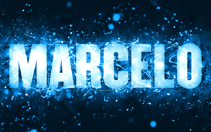 happy birthday marcelo, 4k, bl&#229; neonljus, marcelo namn, kreativ, marcelo grattis p&#229; f&#246;delsedagen, marcelo birthday, popul&#228;ra amerikanska mansnamn, bild med marcelo namn, marcelo