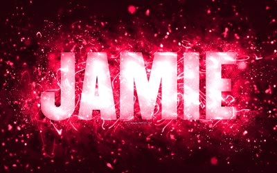 feliz cumplea&#241;os jamie, 4k, luces de ne&#243;n de color rosa, jamie nombre, creativo, jamie feliz cumplea&#241;os, jamie cumplea&#241;os, nombres femeninos americanos populares, imagen con jamie nombre, jamie