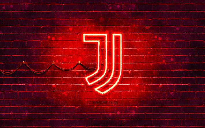 Juventus FC red logo, 4k, red brickwall, Juventus FC logo, brands, Juve, Juventus FC neon logo, Juventus FC, Juventus logo
