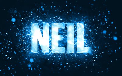 Happy Birthday Neil, 4k, blue neon lights, Neil name, creative, Neil Happy Birthday, Neil Birthday, popular american male names, picture with Neil name, Neil