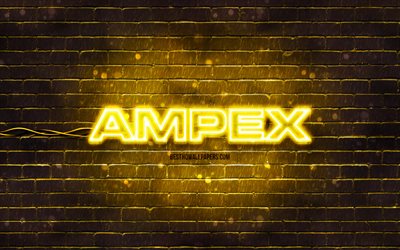 logo ampex giallo, 4k, muro di mattoni giallo, logo ampex, marchi, logo al neon ampex, ampex